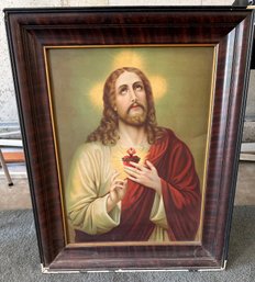 Antique Sacred Heart Of Jesus Tin Framed Picture-B30