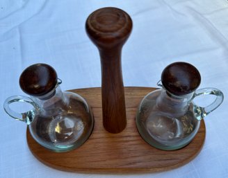 Vintage DANSK Cruet Set On Teak Wood Tray - L