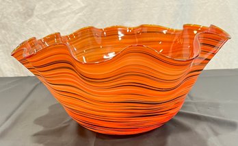 Fluted Orange, Red And Black Glass Bowl