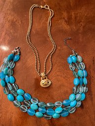 Double Stranded Turquoise Stones And Gold Necklace With Pendant..C