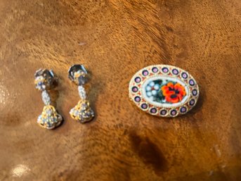 Mosaic Micro Bead Brooch And Rhinestone Earrings..
