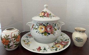 Large Italian Soup Tureen With Matching Divided Platter, Lenox Vase And Lj Vase -F25