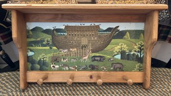 Charming Noah's Ark Themed Wood 4 Peg Wall Rack And Shelf 23' X 13.5' X 4' Deep