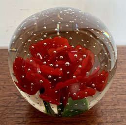 Lovely Glass Paperweight Single Rose Bubbled Glass