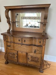 Early American Two-piece Oak Dresser W/ Beveled Mirror, Serpentine Drawers, Carved Lion Head & Claw Feet- F34