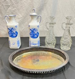 Vintage Glass And Victoria Czecho-Slovakia Ceramic Oil And Vinegar Decanters And Oval Platter