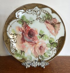 Antique 1800s Hand Painted Milk Glass Plate Roses And Gilded Gold Accents 12' Diameter