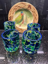 Four Murano Art Glass Tumblers And One Decorative Plate - K9
