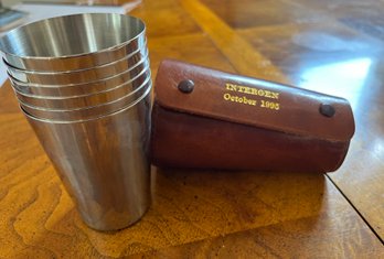 6 Stainless Hunters Drinking Cups In Leather Case From Intergen October 1995 - Kpantry 7