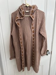 Long Dusty Rose And Camel Sweater With Hood And Cute Details Size Large