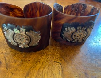 Two Matching Tortoise Shell Cuffs  With Aztec Sun Shell Design - J2