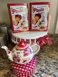Fun Red And White Cake Stand, Red Hat Teapot And Fun Coordinating Tin Storage Cans -  5piece Lot - K18