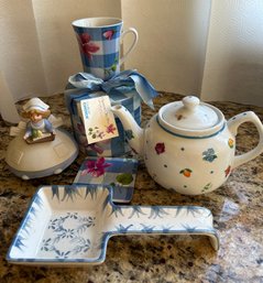 Blue And White Floral Teapot, New Mug With Box, Spoon Rest And Music Box - Lot Of 5 Pieces - K19