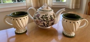 2 Quart Botanic Garden Portmerion Teapot With Two Coordinating Ceramic Mugs - K20