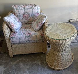 Vintage White Wicker Chair With Matching Oval Glass Top Table - G9