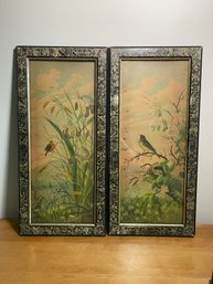 Pair Vintage Framed Bird Prints In Wood Frames With Nail Closures