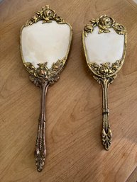 Vintage Elaborate Vanity Gold Gilt Handheld Mirror And Brush Set - Fb3