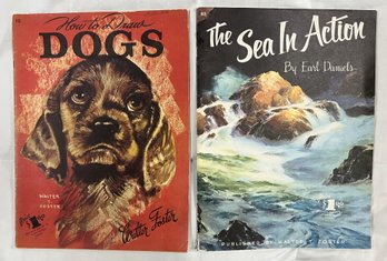 Pair (2) Vintage Walter Foster -Art Instruction Books - How To Draw Dogs & The Sea In Action 1960s