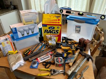 Handy Man Lot Of Assorted Tools, Clamps, Lightbulbs, Rags And More