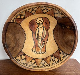 Artsy African Wood Carved Bowl With Elephant  11' Diameter X 5' Tall