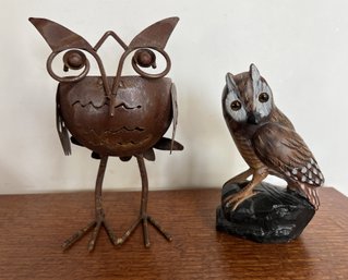 Pair Of Dubious Owls - Metal Owl 8' Tall And Smaller 'Action International Limited' Owl Is 6' Tall