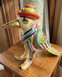 Crazy Colorful Crow With Hat Character Hand Painted And Bejeweled Wearing Gold Slippers 10' X 15'