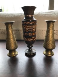 Wood & Brass Vases With Details
