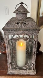 Large Fancy Distressed Metal Candle Lantern Glass Panels With  Door 20' Tall X 8.5' X 8.5' & Luminara Candle