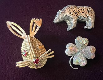 Vintage Pin Brooch Trio (3) Sarah Coventry Winking Rabbit Bunny - Silver Scrolled Bear & Abalone Clover