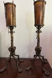 1940s Wrought Iron Lamps With Natural Mica Dramatic Glow Shades -LR3