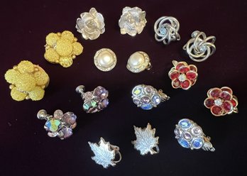 Eight (8) Pairs Vintage Clip And Screw Back Earrings Rhinestones Silver And Misc