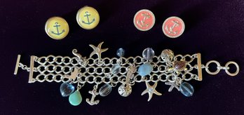 Costume Ocean Themed Toggle Bracelet And Two (2) Pairs Of Anchor Post Earrings One Vintage