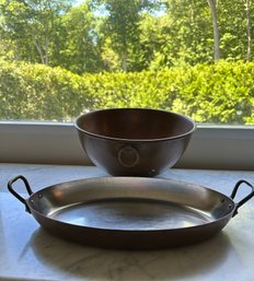 Large Copper Bowl And Large Oval Copper Baking Dish With Handles - LR16