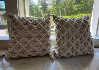 Pair Of Large Magnolia Home Cream & Navy Thick Knotted Yarn Pillows With Corner Tassels - LR35