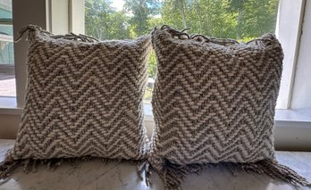 Pair Of Magnolia Home Gray & Cream Thick Yarn Pillows With Fringe - LR36