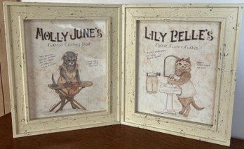 Fun Pair (2)  Vintage K. Jennings Whimsey Cat Prints Lilly Belle And Molly June Wood Frames 10.5' X 12.5'