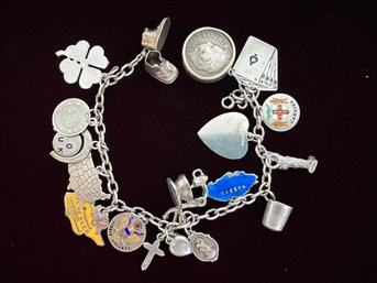 1950s Sterling Charm Bracelet With 17 Sterling Silver Charms 7.5' - Some Moveable Parts