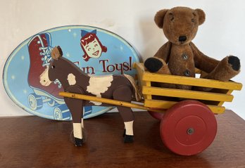 Vintage Toy LOT Wood Horse On Wheels Cart - Vintage Jointed Teddy Bear - Tin Repro Nostalgic Sign