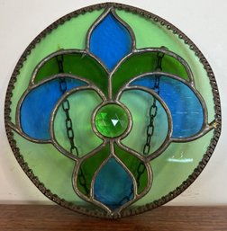 Leaded Stained Glass Round Window Art On Chain Brilliant Greens & Blue Crystal Center 7' Diameter