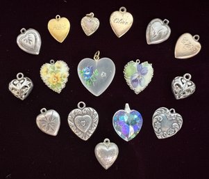 LOT (16) Vintage Heart Charms And Pendants - Silver - Gold - Crystal - Sterling Silver And Unmarked