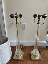 Two Tall Column Glass And Brass Vintage Lamps With Shades -up4