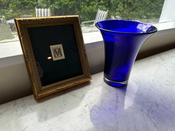 Heavy Cobalt Blue Glass Vase And Framed Initial M Print