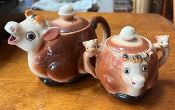 Vintage Thames Japan Ceramic Hand Painted Brown Cow Creamer & Matching Sugar Bowl