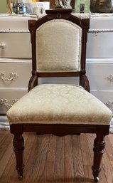 Original Antique Victorian Eastlake Parlor Chair Hand Carved Solid Walnut Front Casters 36' T Seat 18' X 18'