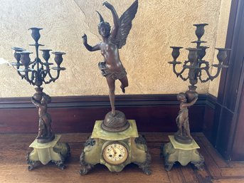 Stunning G. Bareau Console Set Consisting Of Clock With Bronze Patinated Spelter Metal Statuettes - HUP5