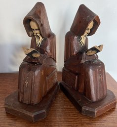 Vintage Pair (2) Hand Carved Wood Monk Bookends 8' Tall X 5' Across Spiritual Meditation Buddha