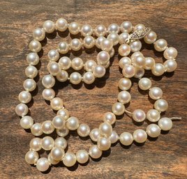 Beautiful Long White String Of Pearls & 14KG Clasp - Broken, Needs Restringing - J2