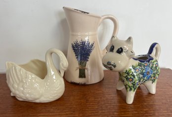 Kalich Boleslawiec Hand Made In Poland Floral Cow Mini Creamer 4' X 3.5' - Lenox Swan - Lavender Pitcher