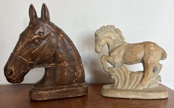 Pair Of Vintage Horse Items - Small Stone Horse Figure 5' Across & Horse Head Book End 6' Tall