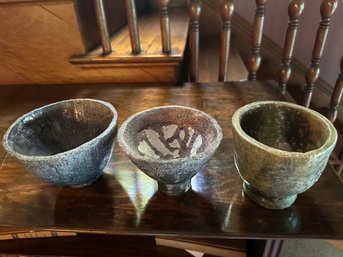3 Pieces Of Primitive Handcrafted Pottery Bowls - F3